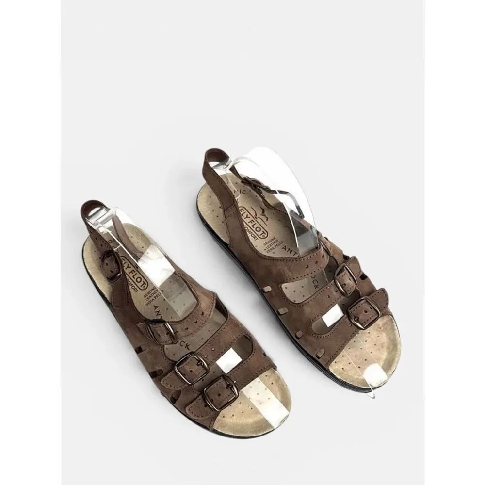 Fly Flot DALE Brown Leather Nubuck Comfort Sandals 3 Straps Buckle Closure US 6